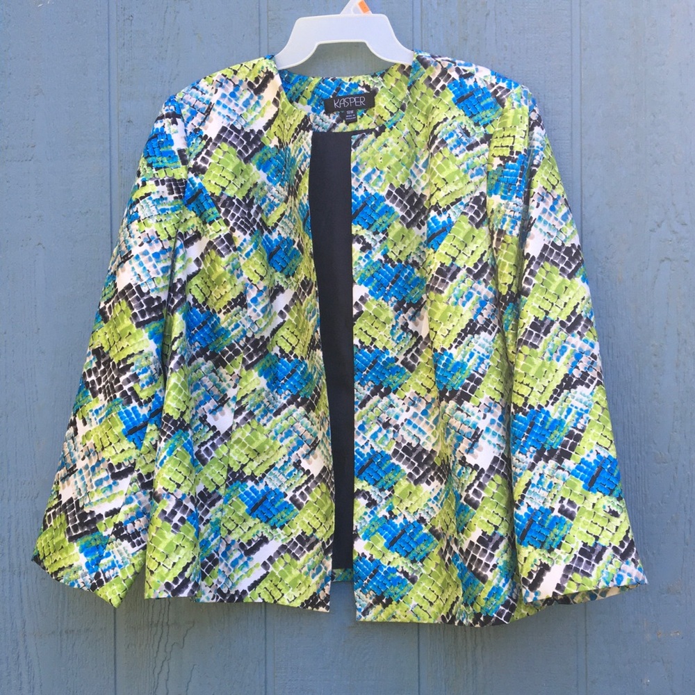 Kasper Open Front Patterned Blazer Jacket Plus Size 18W Green Blue Black Coat